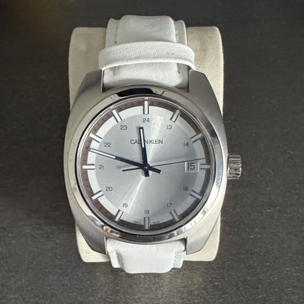 Calvin Klein Silver Dial White Leather Strap Watch